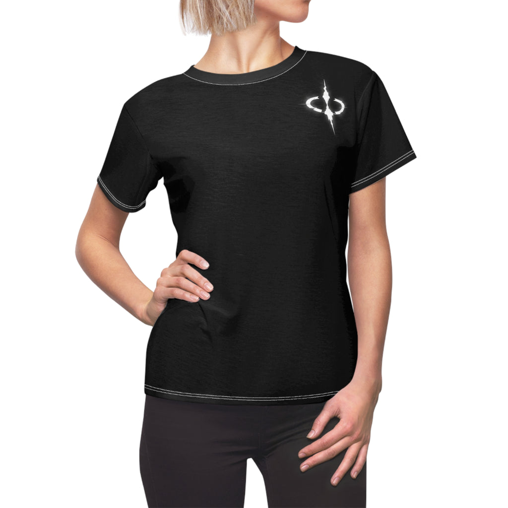 Women's Black Graphic Tee — Minimal White Emblem Chest Logo