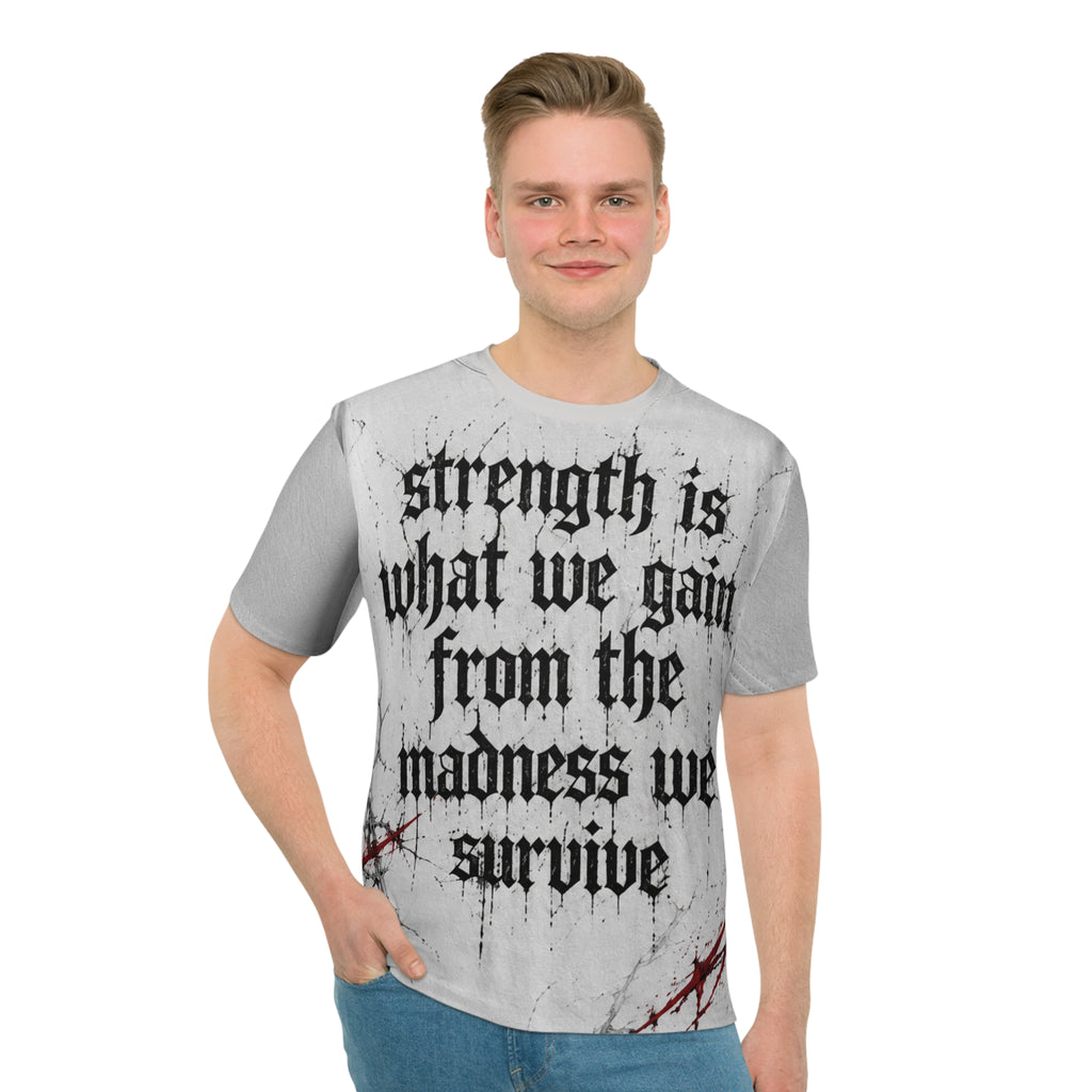 Gothic Cross Graphic T‑Shirt — "Strength Is What We Gain From The Madness We Survive"