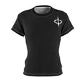 Women's Black Graphic Tee — Minimal White Emblem Chest Logo