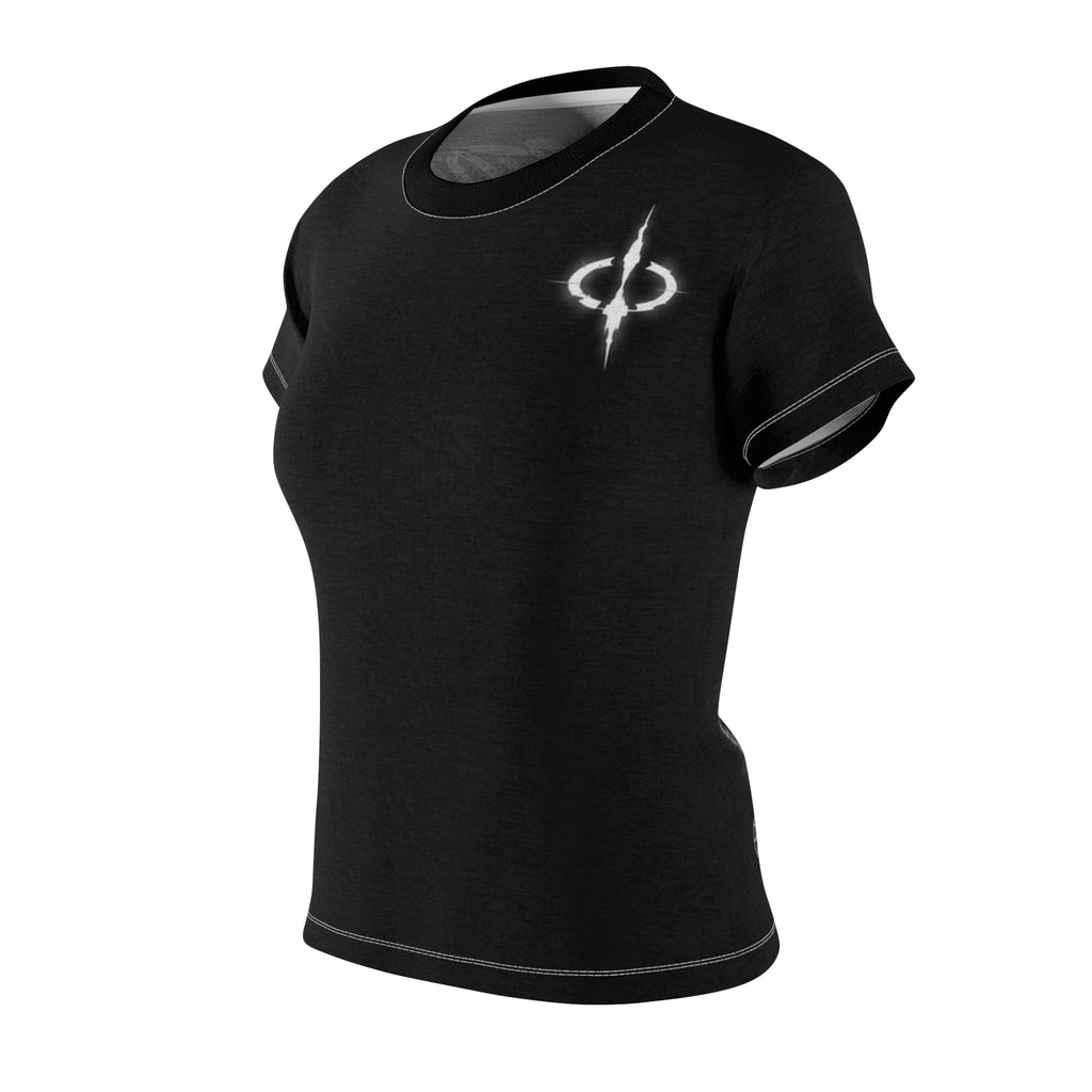Women's Black Graphic Tee — Minimal White Emblem Chest Logo