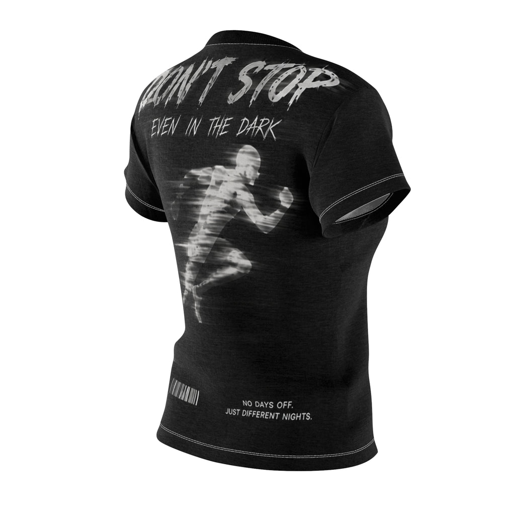 Women's Black Graphic Tee — Minimal White Emblem Chest Logo
